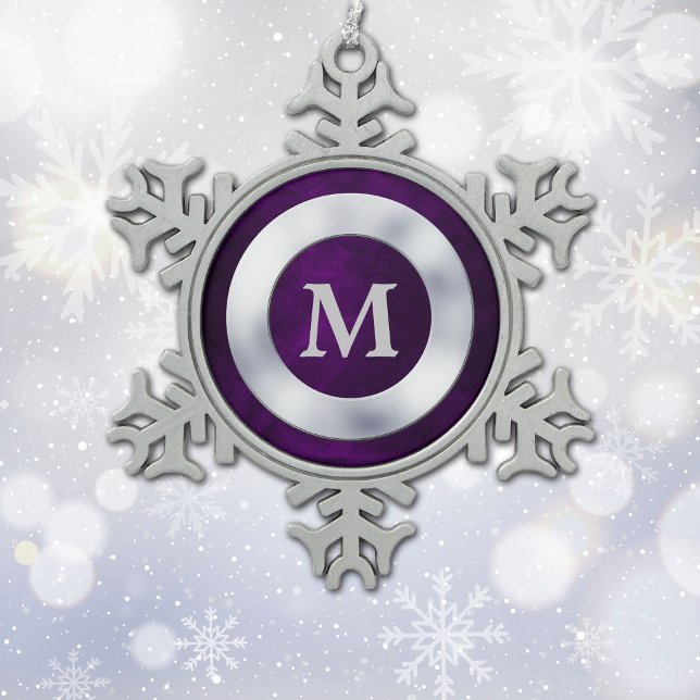Purple Silver Monogram Christmas Snowflake Pewter Christmas Ornament (Creator Uploaded)