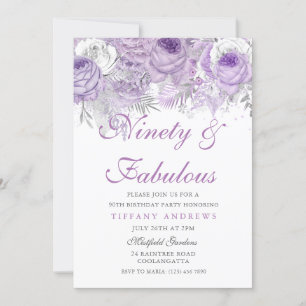 Purple Silver Ninety & Fabulous 90th Birthday Invitation