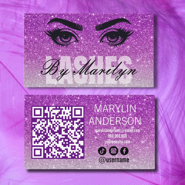 Purple Silver Ombre Glitter Lash Tech QR Code  Business Card (Creator Uploaded)