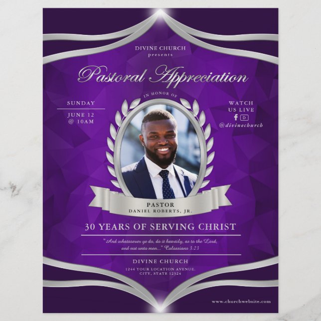 Purple Silver Pastor Appreciation Church Service  Flyer (Front)