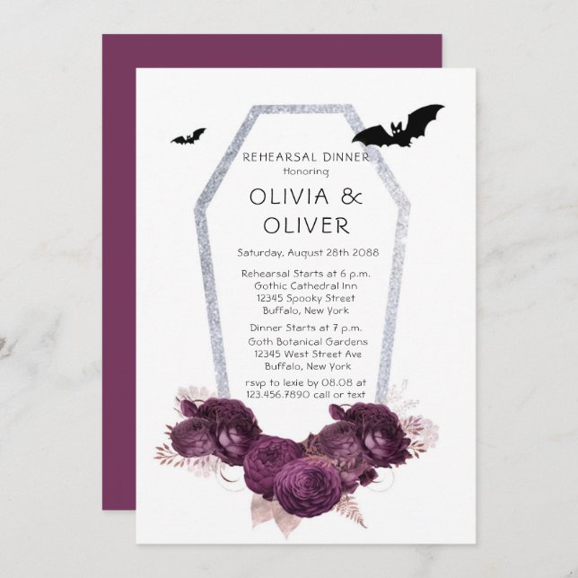  Purple Silver Peony Coffin Bats Rehearsal Dinner Invitation (Front/Back)