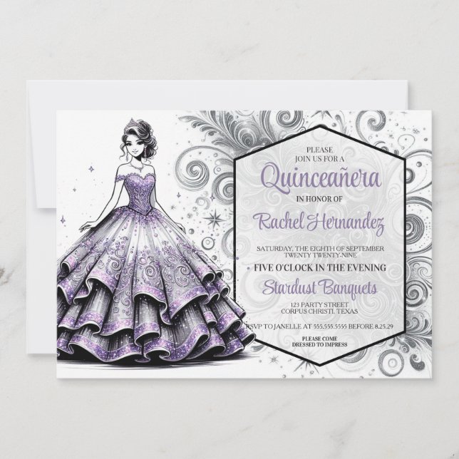 Purple & Silver Quinceañera Girl Invitation (Front)