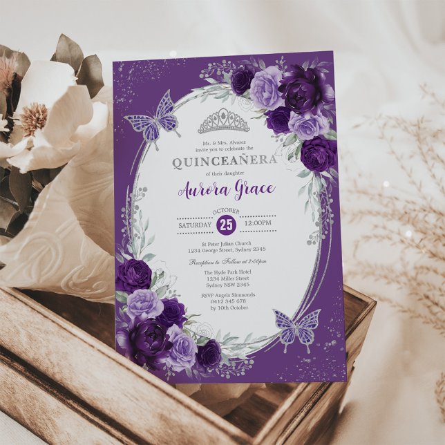 Purple Silver Quinceañera Mis Quince 15 Anos Invitation (Creator Uploaded)