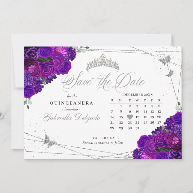 Purple & Silver Quinceañera Save The Date Invitation (Front)