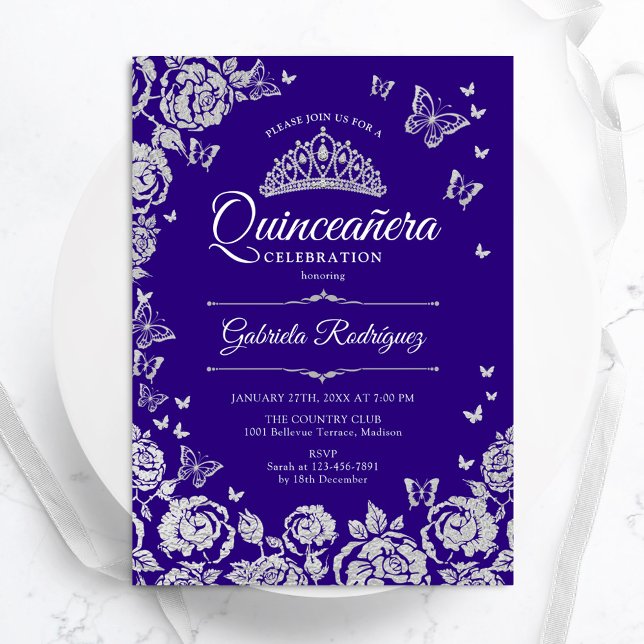 Purple Silver Roses Butterflies Quinceanera Invitation (Creator Uploaded)
