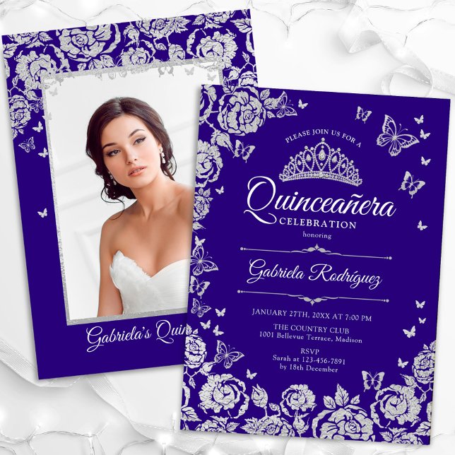 Purple Silver Roses Butterflies Quinceanera Photo Invitation (Creator Uploaded)