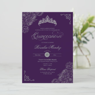 Purple & Silver Roses Elegant Quinceañera Invitation
