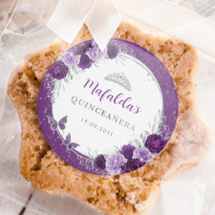 Purple Silver Roses Quinceanera Birthday Favours Classic Round Sticker
