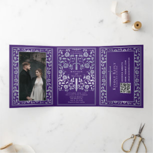 Purple Silver Royal Mediaeval Sword Wedding QR Cod Tri-Fold Invitation