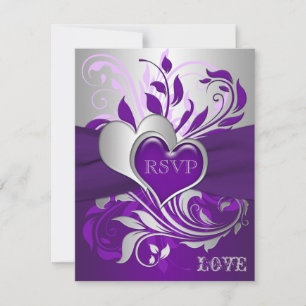 Purple, Silver Scrolls, Hearts RSVP Card