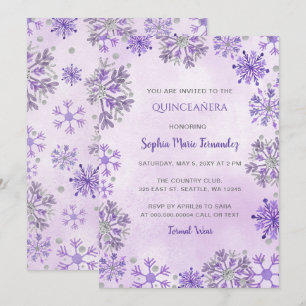 purple Silver Snowflake Glitter Winter Quinceañera Invitation