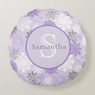Purple & Silver Snowflake Personalised Monogram Round Cushion