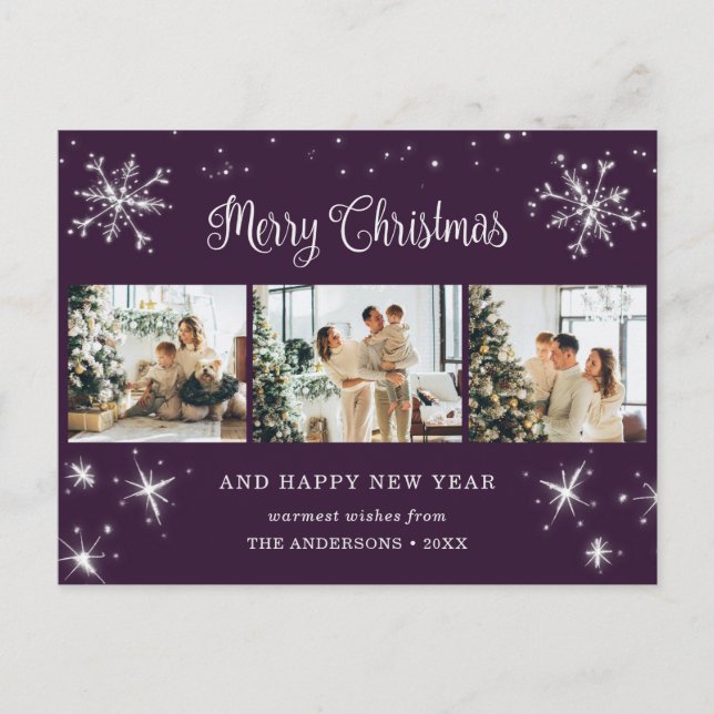 Purple Silver Snowflake Photo Collage Holiday Postcard (Front)