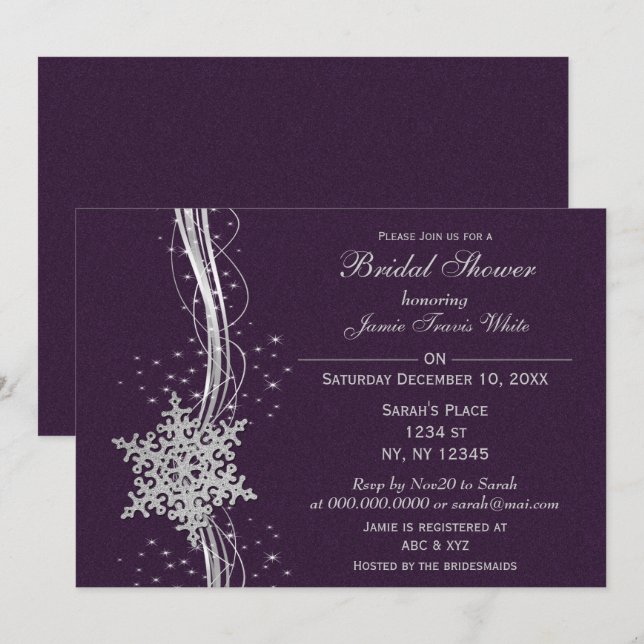 purple silver Snowflake Winter Bridal Shower Invitation (Front/Back)