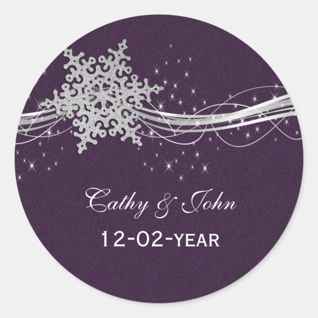 purple Silver Snowflakes wedding favour stickers (Front)