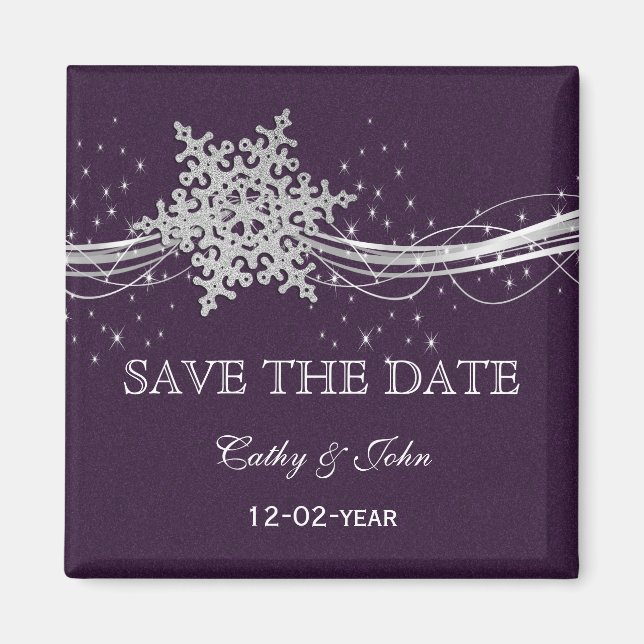 purple Silver Snowflakes Winter save the Date Magnet (Front)