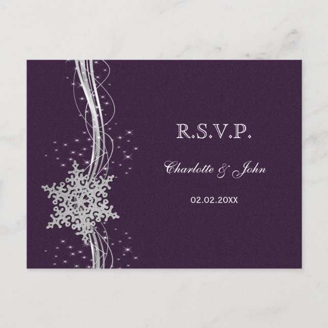 purple Silver Snowflakes Winter wedding RSVP Invitation Postcard (Front)