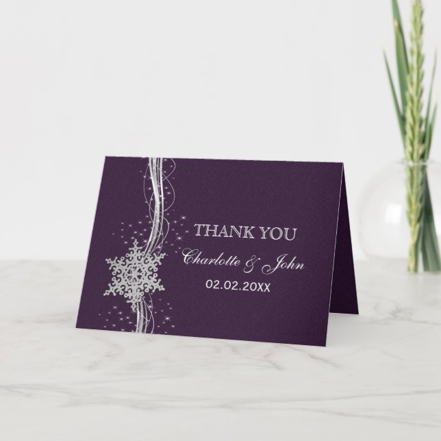 purple Silver Snowflakes Winter wedding Thank You (Front)