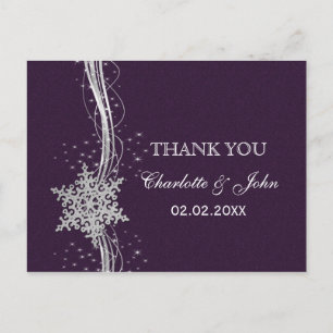 purple Silver Snowflakes Winter wedding Thank You Postcard