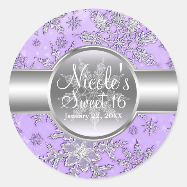 Purple Silver Snowflakes Winter Wonderland Party Classic Round Sticker (Front)