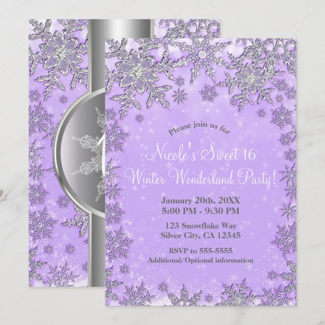 Purple Silver Snowflakes Winter Wonderland Party Invitation (Front/Back)