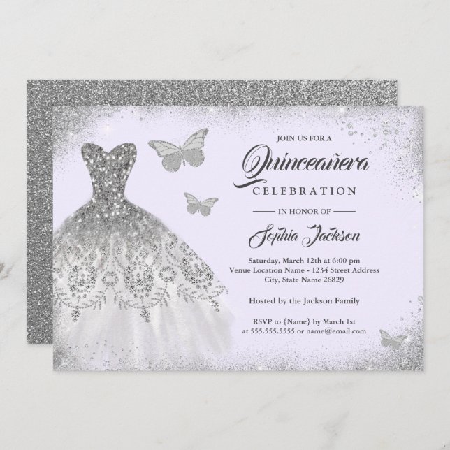 Purple Silver Sparkle Dress Butterfly Quinceanera Invitation (Front/Back)