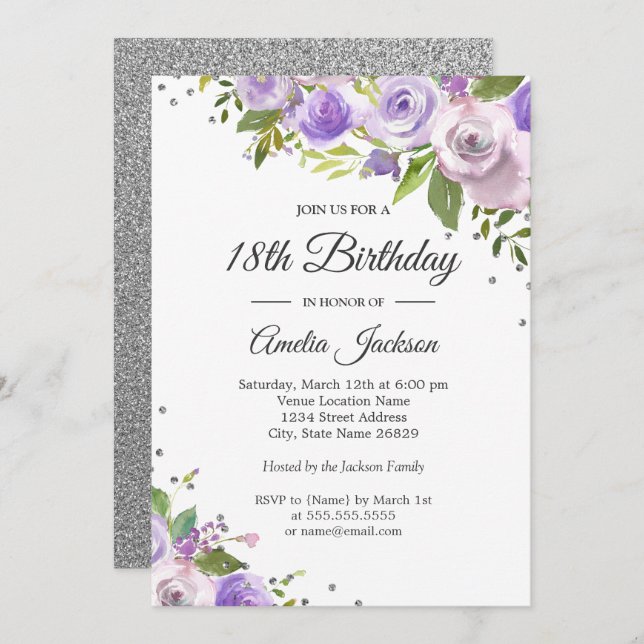 Purple Silver Sparkle Floral 18th Birthday Invite (Front/Back)