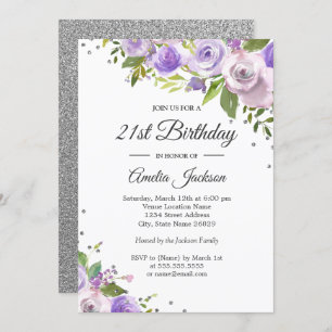 Purple Silver Sparkle Floral 21st Birthday Invite