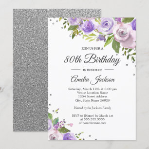 Purple Silver Sparkle Floral 80th Birthday Invite