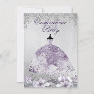 Purple Silver Sparkle Floral Dress Quinceanera Invitation