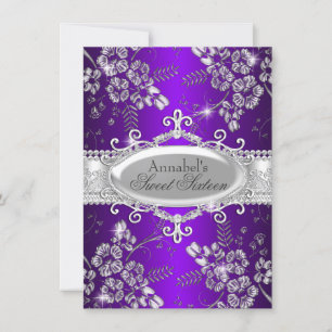 Purple Silver Sparkle Flower Sweet 16 Invitation