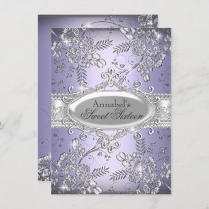 Purple Silver Sparkle Flower Sweet 16 Invite