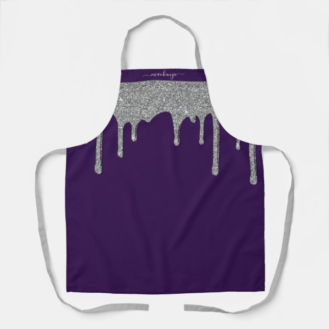 Purple Silver Sparkle Glitter Drips Personalised Apron (Front)