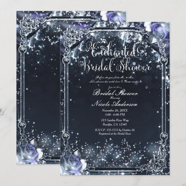 Purple Silver Sparkle Lights Roses Bridal Shower  Invitation (Front/Back)