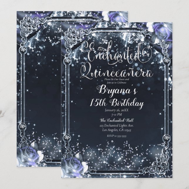 Purple Silver Sparkle Lights Roses Quinceañera    Invitation (Front/Back)