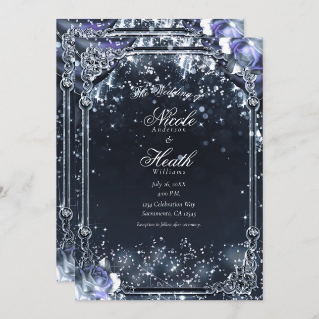 Purple Silver Sparkle Lights & Roses Wedding Invitation (Front/Back)