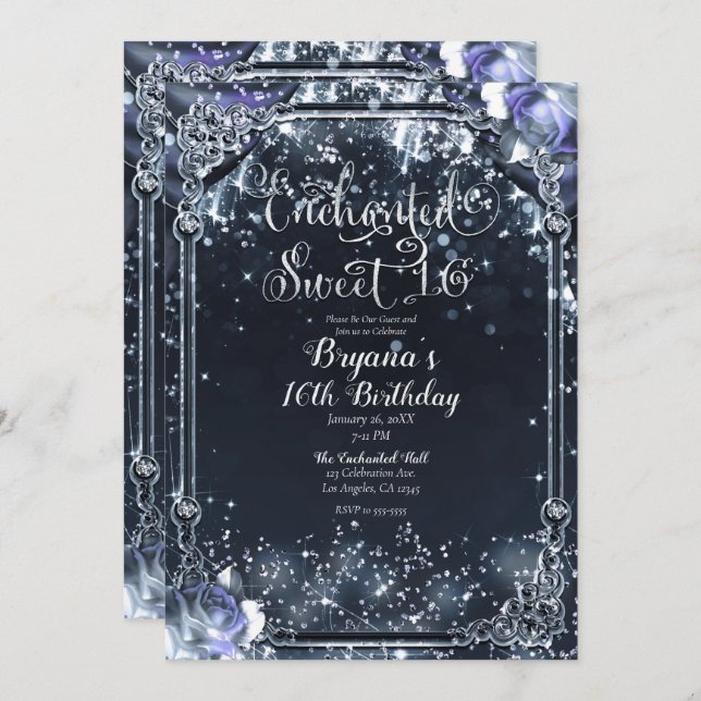 Purple Silver Sparkle Lights Sweet 16 16th Invitation (Front/Back)