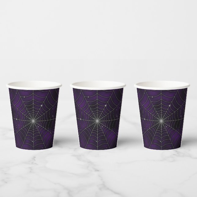PURPLE SILVER SPOOKY HALLOWEEN SPIDER WEB PAPER CUPS (Multi)