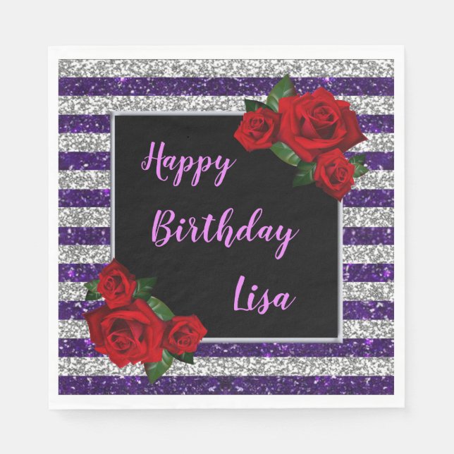 Purple Silver Stripes Glitter Red Roses Birthday Napkin (Front)