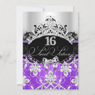 Purple Silver Sweet 16 Sparkle Tiara Birthday Invitation