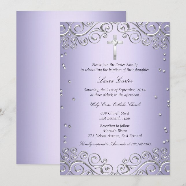 Purple Silver Swirl & Cross Baptism/Christening Invitation (Front/Back)