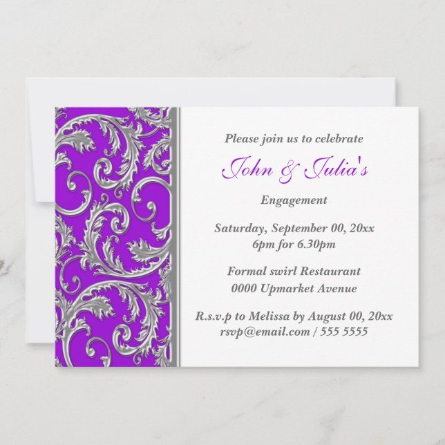 Purple silver swirl engagement anniversary CUSTOM Invitation (Front)