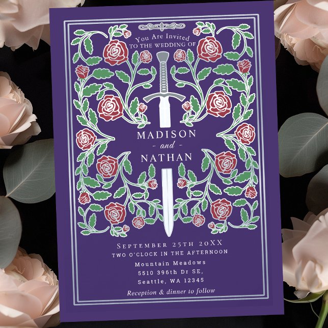 Purple Silver Sword Mediaeval Fantasy Wedding Invitation (Creator Uploaded)