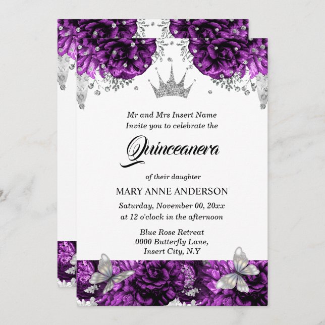 Purple silver tiara butterfly rose quinceanera invitation (Front/Back)