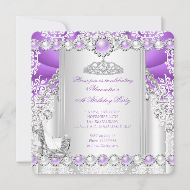 Purple Silver Tiara High Heel Pearl Birthday Invitation (Front)