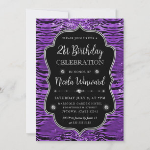 Purple Silver Tiger Stripes Glitter Frame Birthday Invitation
