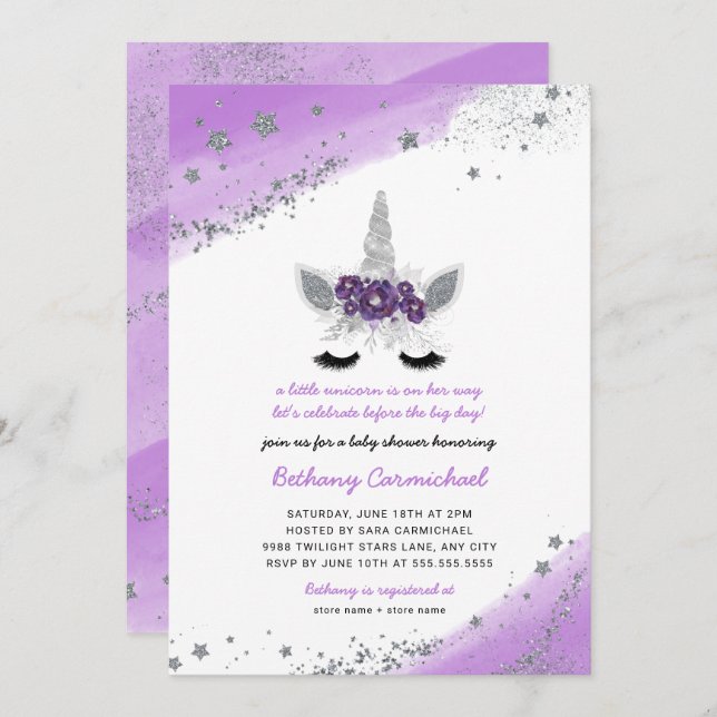 Purple Silver Unicorn Baby Shower Invitation (Front/Back)