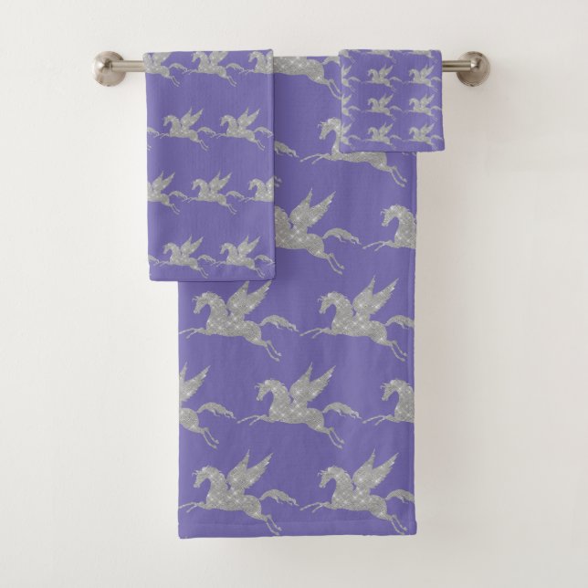 PURPLE SILVER UNICORN PATTERN BATHROOM TOWEL SET (Insitu)