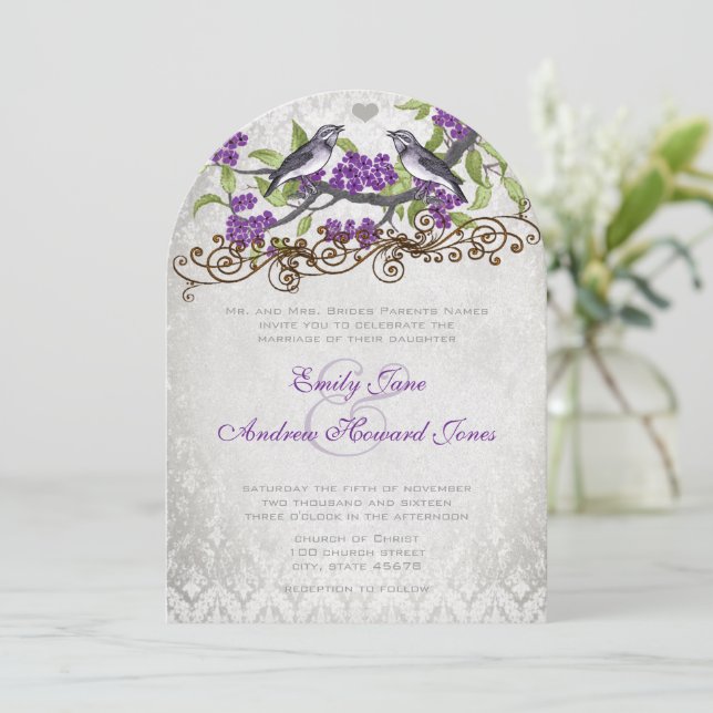 Purple & Silver Vintage Bird Damask Wedding Invite (Standing Front)