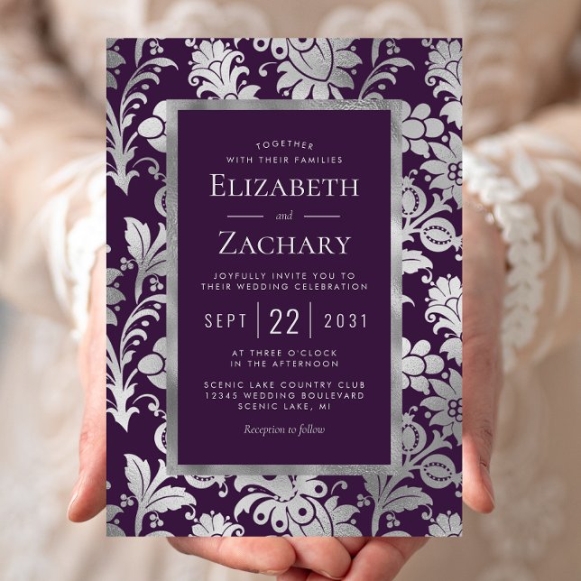 Purple Silver Vintage Floral Pattern Wedding Invitation (Creator Uploaded)